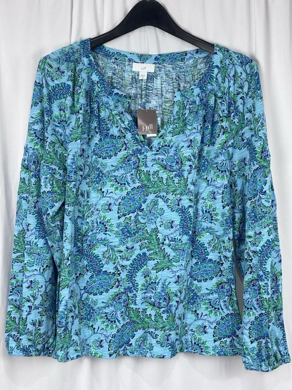NEW J.Jill Blue Lagoon LS Peasant Boho Smocked Blouse Top Floral Paisley XS